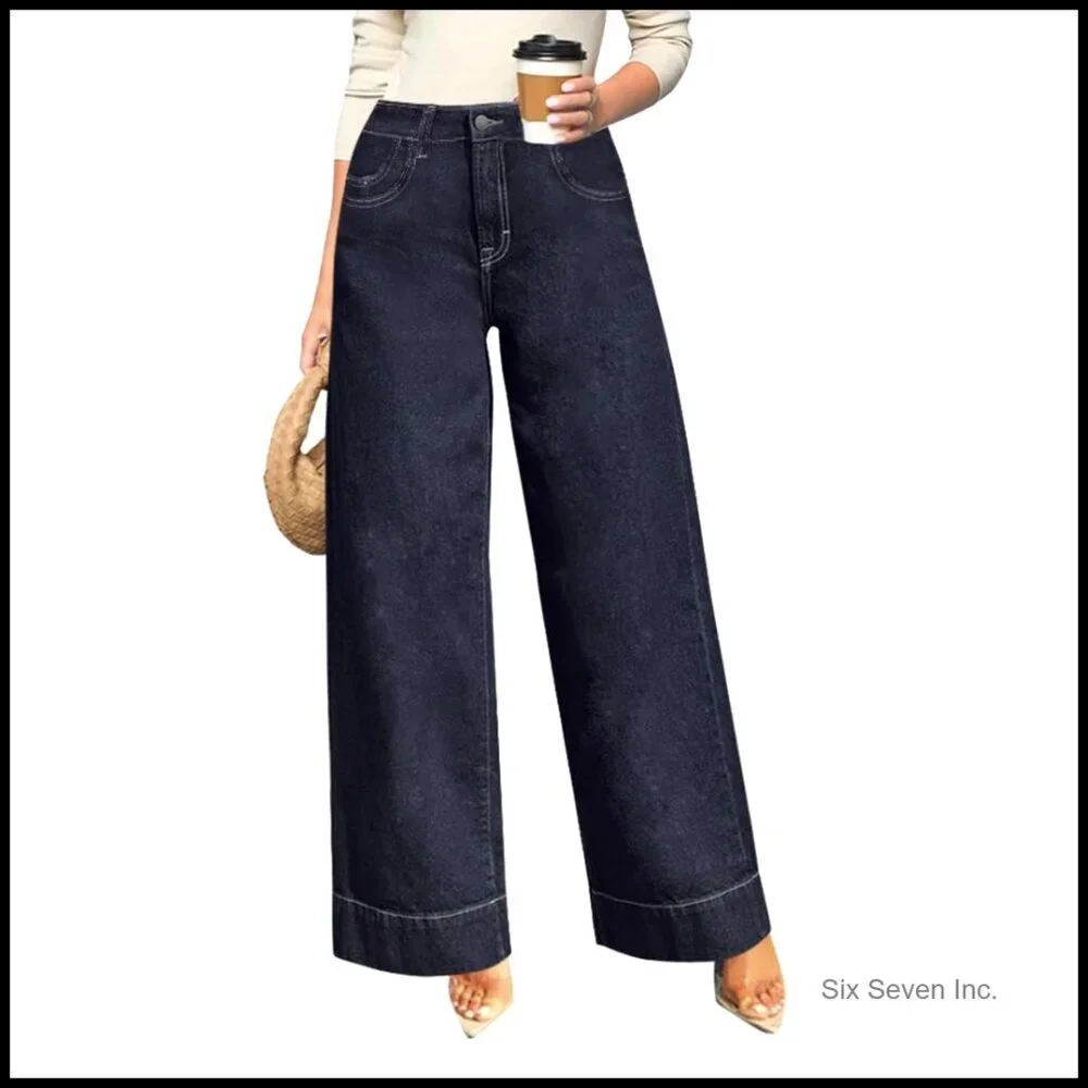 High Waisted Wide Leg Jeans Stretchy Straight Leg Denim Pants Trendy Casual